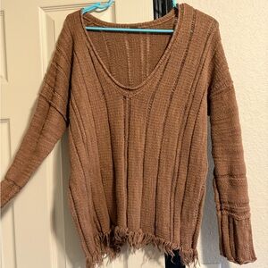 Free People Brown V-Neck Sweater with Ribbed Knit